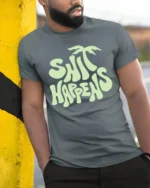 Funny Shit Happens Graphic Tshirt Retro Humor Vibes Style - model wearing grey tee, leaning on column