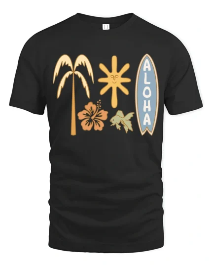 Aloha Tropical Surf Vibes Graphic Tee Hawaiian Beach Style - black t-shirt on white background