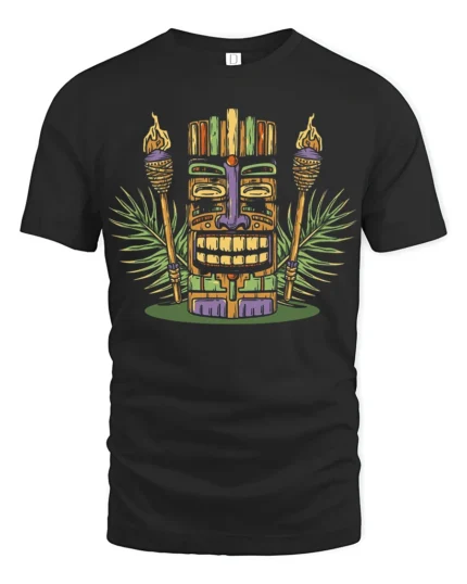Retro Tiki Mask Tropical Graphic Tee Island Culture Style - black t-shirt on white background