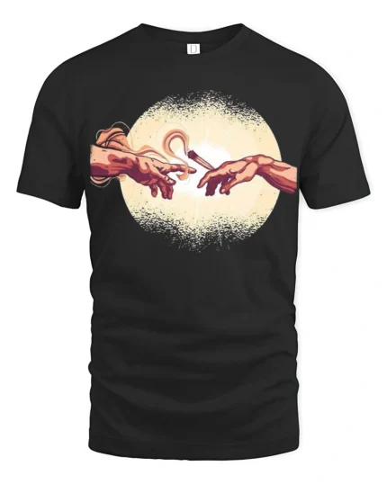 Funny Creation Of Adam Coffee Graphic Tee Art Parody Style - black t-shirt on white background