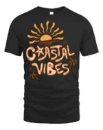 Coastal Vibes Retro Sunset Graphic Tee Beach Aesthetic Style - black t-shirt on white background
