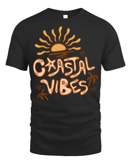 Coastal Vibes Retro Sunset Graphic Tee Beach Aesthetic Style - black t-shirt on white background