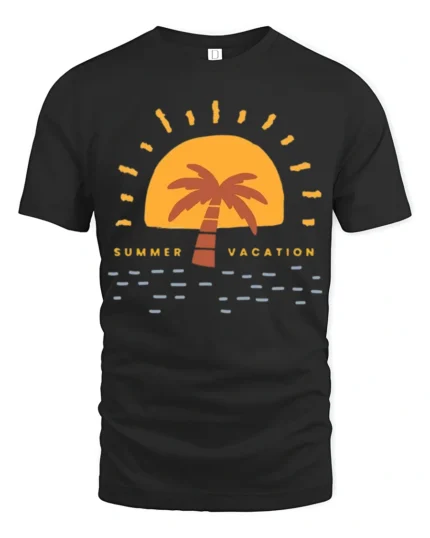 Retro Summer Vacation Sunset Palm Graphic Tee Beach Style - black t-shirt on white background