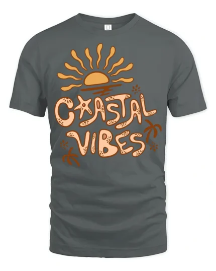 Coastal Vibes Retro Sunset Graphic Tee Beach Aesthetic Style - gray t-shirt on white background