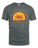 Retro Summer Vacation Sunset Palm Graphic Tee Beach Style - gray t-shirt on white background
