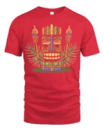 Retro Tiki Mask Tropical Graphic Tee Island Culture Style - red t-shirt on white background
