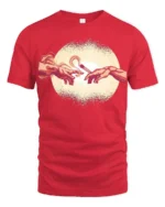 Funny Creation Of Adam Coffee Graphic Tee Art Parody Style - red t-shirt on white background