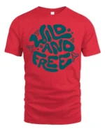 Wild And Free Retro Typography Graphic Tee Adventure Vibes - red t-shirt on white background