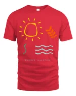 Minimalist Summer Vacation Graphic Tee Retro Sunshine Style - red t-shirt on white background