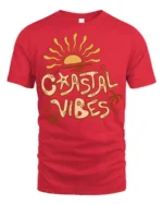 Coastal Vibes Retro Sunset Graphic Tee Beach Aesthetic Style - red t-shirt on white background