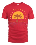 Retro Summer Vacation Sunset Palm Graphic Tee Beach Style - red t-shirt on white background