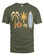 Aloha Tropical Surf Vibes Graphic Tee Hawaiian Beach Style - military green t-shirt on white background