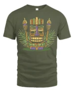 Retro Tiki Mask Tropical Graphic Tee Island Culture Style - military green t-shirt on white background
