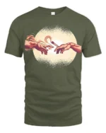 Funny Creation Of Adam Coffee Graphic Tee Art Parody Style - military green t-shirt on white background