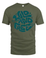 Wild And Free Retro Typography Graphic Tee Adventure Vibes - military green t-shirt on white background