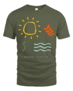 Minimalist Summer Vacation Graphic Tee Retro Sunshine Style - military green t-shirt on white background