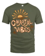 Coastal Vibes Retro Sunset Graphic Tee Beach Aesthetic Style - military green t-shirt on white background