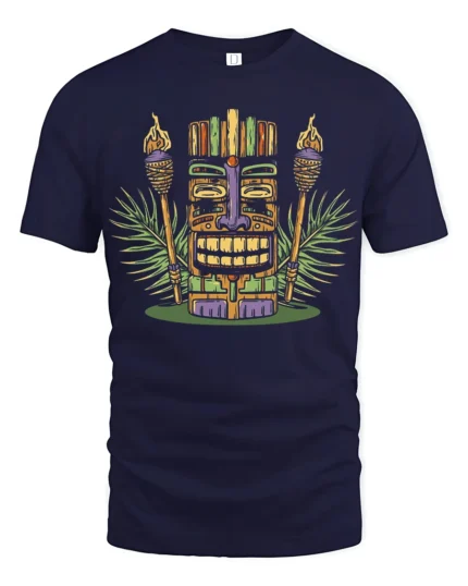 Retro Tiki Mask Tropical Graphic Tee Island Culture Style - navy t-shirt on white background
