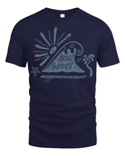 Stay Wavy Retro Beach Graphic Tee Ocean Surf Vibes Style - navy t-shirt on white background