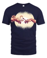 Funny Creation Of Adam Coffee Graphic Tee Art Parody Style - navy t-shirt on white background