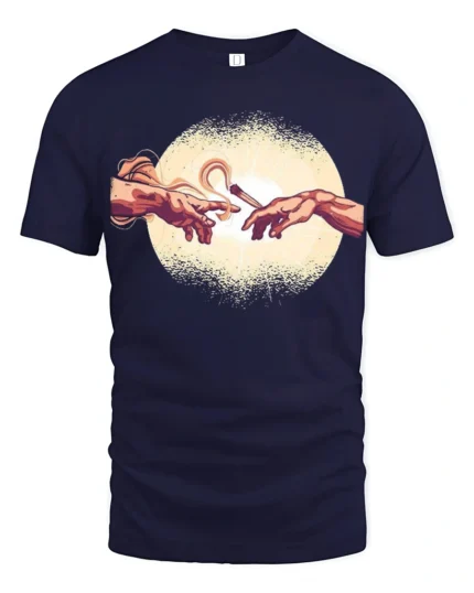 Funny Creation Of Adam Coffee Graphic Tee Art Parody Style - navy t-shirt on white background