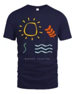 Minimalist Summer Vacation Graphic Tee Retro Sunshine Style - navy t-shirt on white background