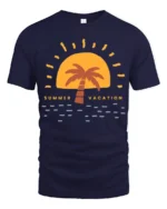 Retro Summer Vacation Sunset Palm Graphic Tee Beach Style - navy t-shirt on white background