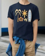 Aloha Tropical Surf Vibes Graphic Tee Hawaiian Beach Style - model wearing navy tee with hands in pockets