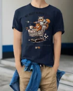 Funny Squirrel Knight We Must Remain Silly Graphic Tee Humor - model wearing navy tee with hands in pockets