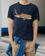 Cute Whale Shark Ocean Graphic Tee Marine Life Style Art - model wearing navy tee with hands in pockets