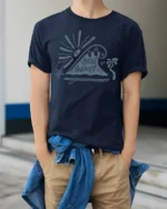 Stay Wavy Retro Beach Graphic Tee Ocean Surf Vibes Style - model wearing navy tee with hands in pockets