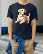 Cute Labrador Retriever Graphic Tee Dog Lover Pet Style Art - model wearing navy tee with hands in pockets