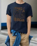 Take A Break Coffee Graphic Tee Relax Positive Vibes Style - model wearing navy tee with hands in pockets