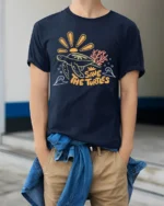 Save The Turtles Ocean Graphic Tee Marine Life Awareness - model wearing navy tee with hands in pockets