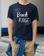 Beach Please Funny Graphic Tee Summer Vacation Humor Style - model wearing navy tee with hands in pockets