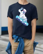 Funny Snowboard Yeti Graphic Tee Winter Sports Cool Style - model wearing navy tee with hands in pockets