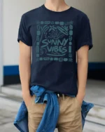 Sunny Vibes Graphic Tee Positive Summer Aesthetic Style - model wearing navy tee with hands in pockets