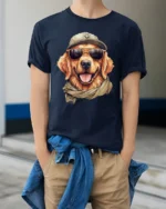 Cool Golden Retriever Sunglasses Graphic Tee Funny Dog Style - model wearing navy tee with hands in pockets