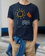 Minimalist Summer Vacation Graphic Tee Retro Sunshine Style - model wearing navy tee with hands in pockets