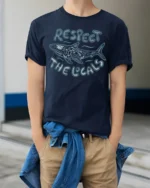Respect The Locals Whale Graphic Tee Ocean Wildlife Style - model wearing navy tee with hands in pockets
