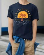 Retro Summer Vacation Sunset Palm Graphic Tee Beach Style - model wearing navy tee with hands in pockets