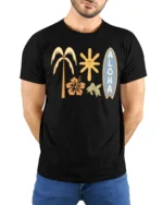 Aloha Tropical Surf Vibes Graphic Tee Hawaiian Beach Style - model wearing black tee with hands behind back