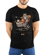 Funny Squirrel Knight We Must Remain Silly Graphic Tee Humor - model wearing black tee with hands behind back