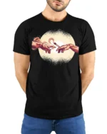 Funny Creation Of Adam Coffee Graphic Tee Art Parody Style - model wearing black tee with hands behind back