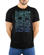 Sea You O Fishially Funny Ocean Graphic Tee Marine Humor - model wearing black tee with hands behind back