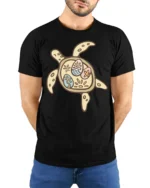 Cute Sea Turtle Tropical Pattern Graphic Tee Ocean Lover - model wearing black tee with hands behind back