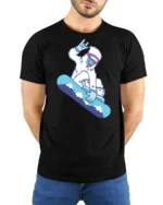 Funny Snowboard Yeti Graphic Tee Winter Sports Cool Style - model wearing black tee with hands behind back