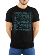 Sunny Vibes Graphic Tee Positive Summer Aesthetic Style - model wearing black tee with hands behind back