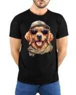 Cool Golden Retriever Sunglasses Graphic Tee Funny Dog Style - model wearing black tee with hands behind back