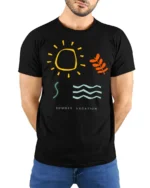 Minimalist Summer Vacation Graphic Tee Retro Sunshine Style - model wearing black tee with hands behind back